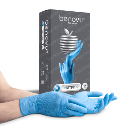 Изображение BENOVY Nitrile Chlorinated BS, перчатки нитриловые, голубые, L, 50 пар в упаковке