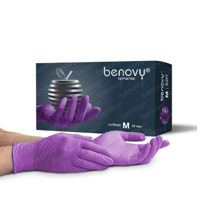 Изображение BENOVY Nitrile MultiColor, перчатки нитриловые, сиреневые, M, 50 пар в упаковке